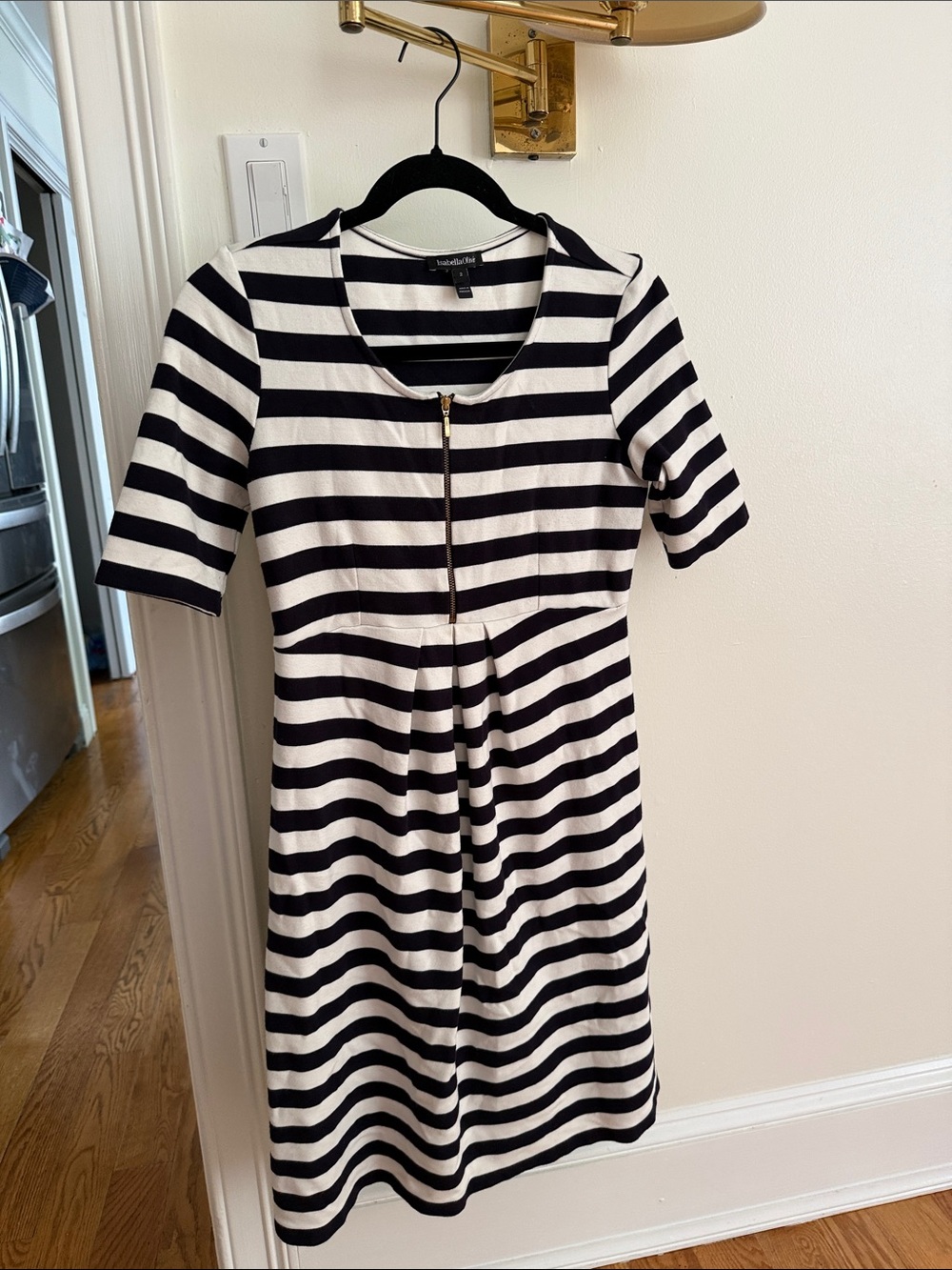 Isabella Oliver Black and White Striped Zip-Front Midi Dress